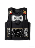 Men’s Luxury Streetwear Tactical Vest – Urban Fashion Utility Chest Rig with Gold Buckles, Faux Crocodile Leather Detail, and Embellished "ICON" Graphic – Black Hip-Hop Stage Performance Body Armor