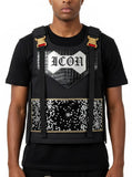 Men’s Luxury Streetwear Tactical Vest – Urban Fashion Utility Chest Rig with Gold Buckles, Faux Crocodile Leather Detail, and Embellished "ICON" Graphic – Black Hip-Hop Stage Performance Body Armor